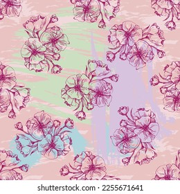 Wildflower Sakura flower pattern in a one line style. Sketch wild flower for background, texture, wrapper pattern, frame or border.