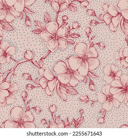 Wildflower Sakura flower pattern in a one line style. Sketch wild flower for background, texture, wrapper pattern, frame or border.