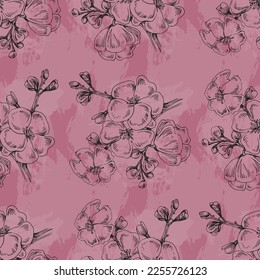 Wildflower Sakura flower pattern in a one line style. Sketch wild flower for background, texture, wrapper pattern, frame or border.
