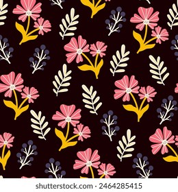 Wildflower seamless botanical pattern with bright plants and flowers on a dark background. Seamless botanical pattern with plants. Beautiful print with hand drawn floral plants.