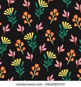 Wildflower seamless botanical pattern with bright plants and flowers on a black background. Beautiful seamless vector floral pattern. Colorful stylish floral. Beautiful exotic plants. 