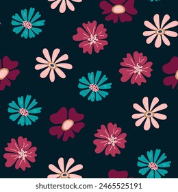 Wildflower seamless botanical pattern with bright plants and flowers on a dark blue background. Botanical leaf seamless vector floral pattern background. Colorful stylish floral.