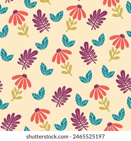Wildflower seamless botanical pattern with bright plants and flowers on a light beige background. Beautiful seamless vector floral pattern. Leaves in bright colors. Printing and textiles. 