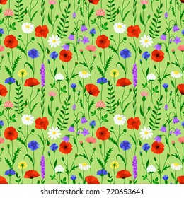 Wildflower seamless pattern in bright colors on green background. Vector
