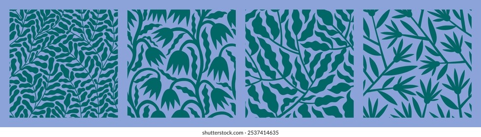 Wildflower seamless pattern collection with herbal rustic motifs. Simple cute feminine floral print set for subtle aesthetic textile design. Romantic summer ornament with hand drawn fine lines.