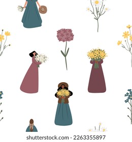 wildflower seamless pattern, floral digital paper, woman illustration clipart, cottagecore background clip art, Vector illustration in flat cartoon style.