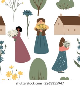 wildflower seamless pattern, floral digital paper, woman illustration clipart, cottagecore background clip art, Vector illustration in flat cartoon style.