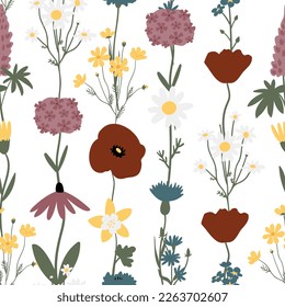 wildflower seamless pattern, floral digital paper, illustration clipart, cottagecore background clip art, Vector illustration in flat cartoon style.