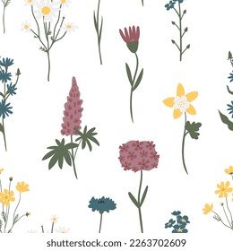 wildflower seamless pattern, floral digital paper, illustration clipart, cottagecore background clip art, Vector illustration in flat cartoon style.