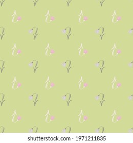 Wildflower seamless pattern with hand drawn bell flowers shapes. Light green background. Botanical ornament. Flat vector print for textile, fabric, giftwrap, wallpapers. Endless illustration.
