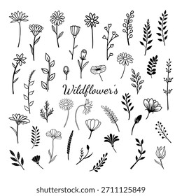 Patrón sin fisuras de flores silvestres, flores de doodle dibujadas a mano, diseño, estilo retro