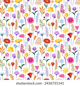 Patrón sin costuras de flores silvestres. Prado flores coloridas y hierbas sobre un fondo beige. Ilustración vectorial de verano floral. Fondo botánico de primavera, diseño de estilo moderno