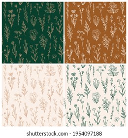 Wildblume nahtloses Muster mit Rahmenfloralen. Retro Stil Print Design Kollektion mit handgezeichnet Blumen in rustikalen Farben. Einfache Blumenmuster aus dem Feld für Tapeten, Verpackungen, Stoffdesign