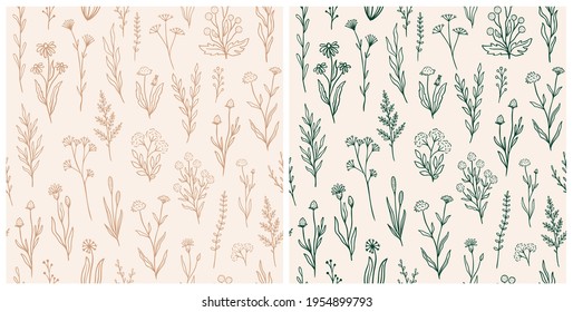 Wildflower seamless pattern set with outline florals. Retro style print design collection with hand drawn flowers in rustic colors. Simple field floral patterns for wallpaper, packaging, fabric design