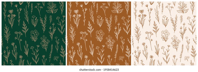 Wildflower seamless pattern set with outline florals. Retro style print design collection with hand drawn flowers in rustic colors. Simple field floral patterns for wallpaper, packaging, fabric design