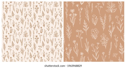 Wildflower seamless pattern set with outline florals. Retro style print design collection with hand drawn flowers in rustic colors. Simple field floral patterns for wallpaper, packaging, fabric design