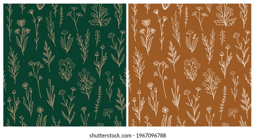 Wildflower seamless pattern set with outline florals. Retro style print design collection with hand drawn flowers in rustic colors. Simple field floral patterns for wallpaper, packaging, fabric design