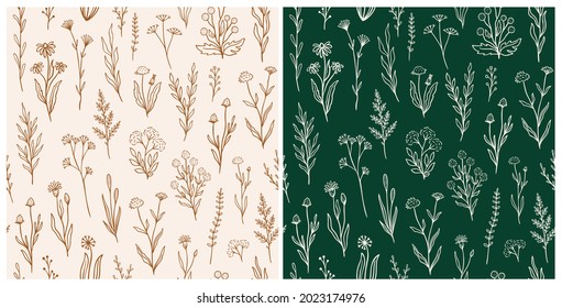 Wildflower seamless pattern set with outline florals. Retro style print design collection with hand drawn flowers in rustic colors. Simple field floral patterns for wallpaper, packaging, fabric design