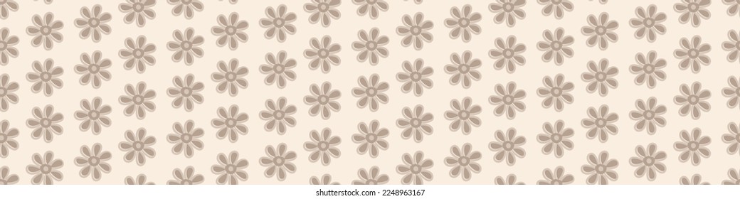 Wildflower seamless vector seamless border. Neutral beige brown naive meadow flowers banner. Hand drawn line art outline botanical design. Garden flower cottagecore aesthetic for packaging