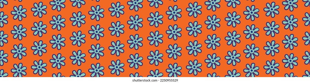 Wildflower seamless vector seamless border. Tropical neon orange blue naive meadow flowers banner. Hand drawn line art outline botanical design. Garden flower cottagecore aesthetic for packaging