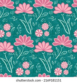 Wildflower Seamless Vector Pattern Background. Teal Pink Meadow Flowers Backdrop. Hand Drawn Line Art Outline Botanical Design. Garden Flower Cottagecore Aesthetic Repeat For Garden, Gifting