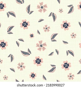 Wildflower seamless vector pattern background. Pink blue stylized meadow flowers and leaves on linen textured backdrop. Folk art stitch effect. Hand drawn botanical garden flower cottagecore design