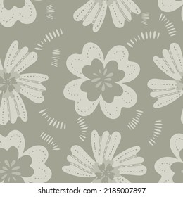 Wildflower seamless vector pattern background. Neutral ecru beige stylized meadow flowers backdrop. Modern folk art stitch effect style Hand drawn botanical design. Garden flower cottagecore aesthetic