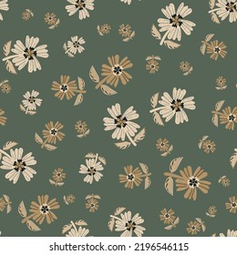 Wildflower seamless vector pattern background. Sage green pastel ochre stylized meadow flowers and leaves backdrop. Folk art stitch effect style. Cottagecore botanical repeat for thanksgiving, fall