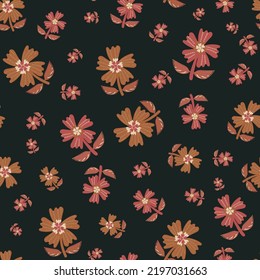 Wildflower seamless vector pattern background. Ochre, red, black stylized meadow flowers and leaves backdrop. Folk art stitch effect style. Cottagecore botanical boho repeat for thanksgiving, fall