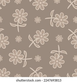 Wildflower seamless vector pattern background. Neutral beige brown naive meadow flowers backdrop. Hand drawn line art outline botanical design. Garden flower cottagecore aesthetic for packaging