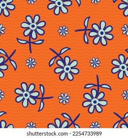Wildflower seamless vector pattern background. Tropical orange neon blue naive meadow flowers backdrop. Hand drawn line art outline botanical design. Garden flower cottagecore aesthetic for packaging