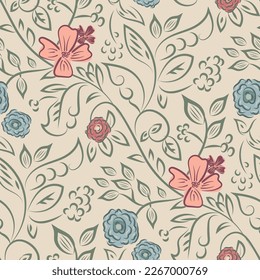 Wildflower seamless vector pattern background. Vintage boho style meadow flowers backdrop. Hand drawn line art painterly botanical design. Garden flower cottagecore maximalist repeat for gifting