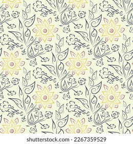 Wildflower seamless vector pattern background. Vintage boho style meadow flowers backdrop. Hand drawn textural painterly botanical design. Garden flower cottagecore maximalist repeat