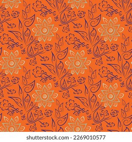 Wildflower seamless vector pattern background. Tropical orange geometric flowers backdrop. Hand drawn textural painterly botanical design. Neon orange flower maximalist repeat for summer