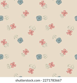 Wildflower seamless vector pattern background. Vintage boho style meadow flowers backdrop. Hand drawn line art painterly botanical design. Garden flower cottagecore maximalist repeat for gifting