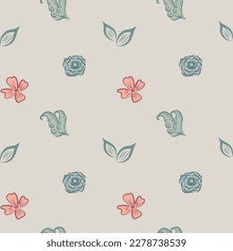 Wildflower seamless vector pattern background. Vintage boho style meadow flowers backdrop. Hand drawn line art painterly botanical design. Garden flower cottagecore maximalist repeat for gifting