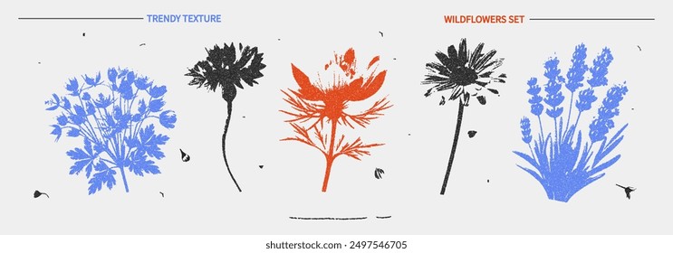 Wildflower set in retro style with a photocopy effect. Trendy elements for poster design, covers, T-shirts, web design, collages. Vector.