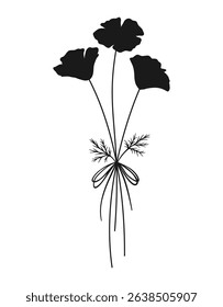 Wildflower silhouette bouquet in black color. Hand drawn flower shapes, meadow herbs, wild plants, and botanical elements for design projects. Vector illustration