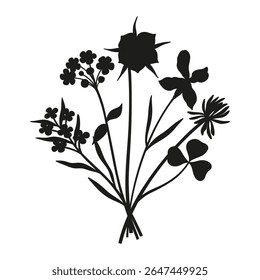 Wildflower silhouet boeket. Handgetekende matthiola, klaver, weidebloemen, kruiden en wilde planten. Botanische elementen voor ontwerpprojecten. Minimale stijl, vectorillustratie
