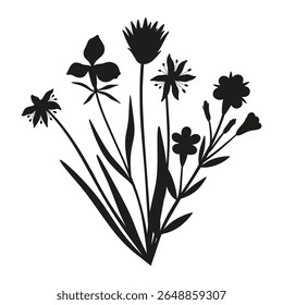 Buquê de silhueta Wildflower. Pingos de neve feitos à mão e diferentes flores de prado, ervas e plantas selvagens. Elementos botânicos para projetos de design. Estilo mínimo, ilustração vetorial