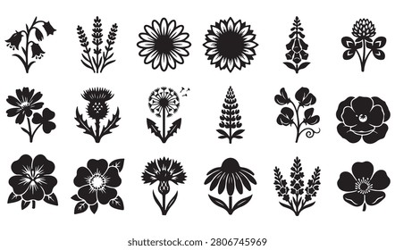 Wildflower Silhouette Vector Collection, Botanical Flower Icon Set