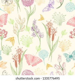 Wildflower sketch pattern. Seamless boho rustic hand drawn background with wildflowers and butterflies, colorful flower textile botanical print