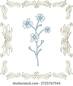 Tallo de flor silvestre con brotes y pétalos dibujados en delicados linework, enmarcado por esquinas florales ornamentadas y divisores. Símbolo de la naturaleza, elegancia y decoración de invitación. Ilustración vectorial de dibujos animados.