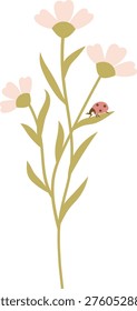 Wildflower stem with open petals, simple leaves, and a ladybug perched on a stalk in clean cartoon style. Symbol of spring, growth, nature, and luck for botanical themes. Cartoon vector illustration.