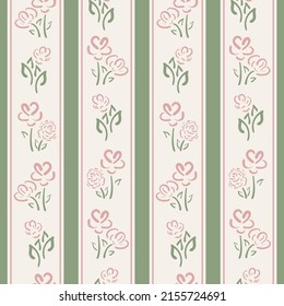 Wildflower striped seamless vector pattern background. Pink sage green meadow flower backdrop with vertical regency stripes. Hand drawn botanical geometric design. Garden flora vintage style repeat