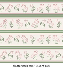 Wildflower striped seamless vector pattern background. Pink sage green meadow flower backdrop with horizontal regency stripes. Hand drawn botanical geometric design. Garden flora vintage style repeat