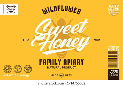 Wildflower sweet honey label in yellow, white and brown colors. Honey packaging design elements for apiary and beekeeping products, branding and identity