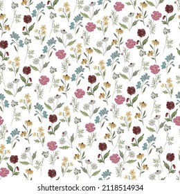 Wildflower textured seamless pattern with scattered floral - vector. Great on wallpaper and linens 