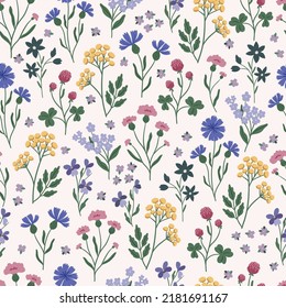 Wildflower trendy beautiful popular seamless patterns, mystical vector floral repeating background. Floral wild grass digital paper