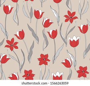 Wildflower Tulip Seamless Pattern In A Hand Drawing Style. Flowers On  Ivory Background, Texture, Wrapper, Textiles Pattern. 